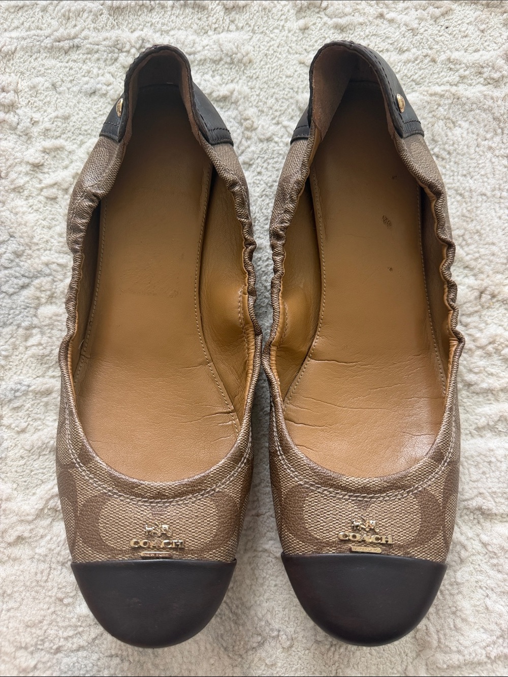 Coach Signature Canvas Ballet Flats in Brown with Dark Brown Toe Caps